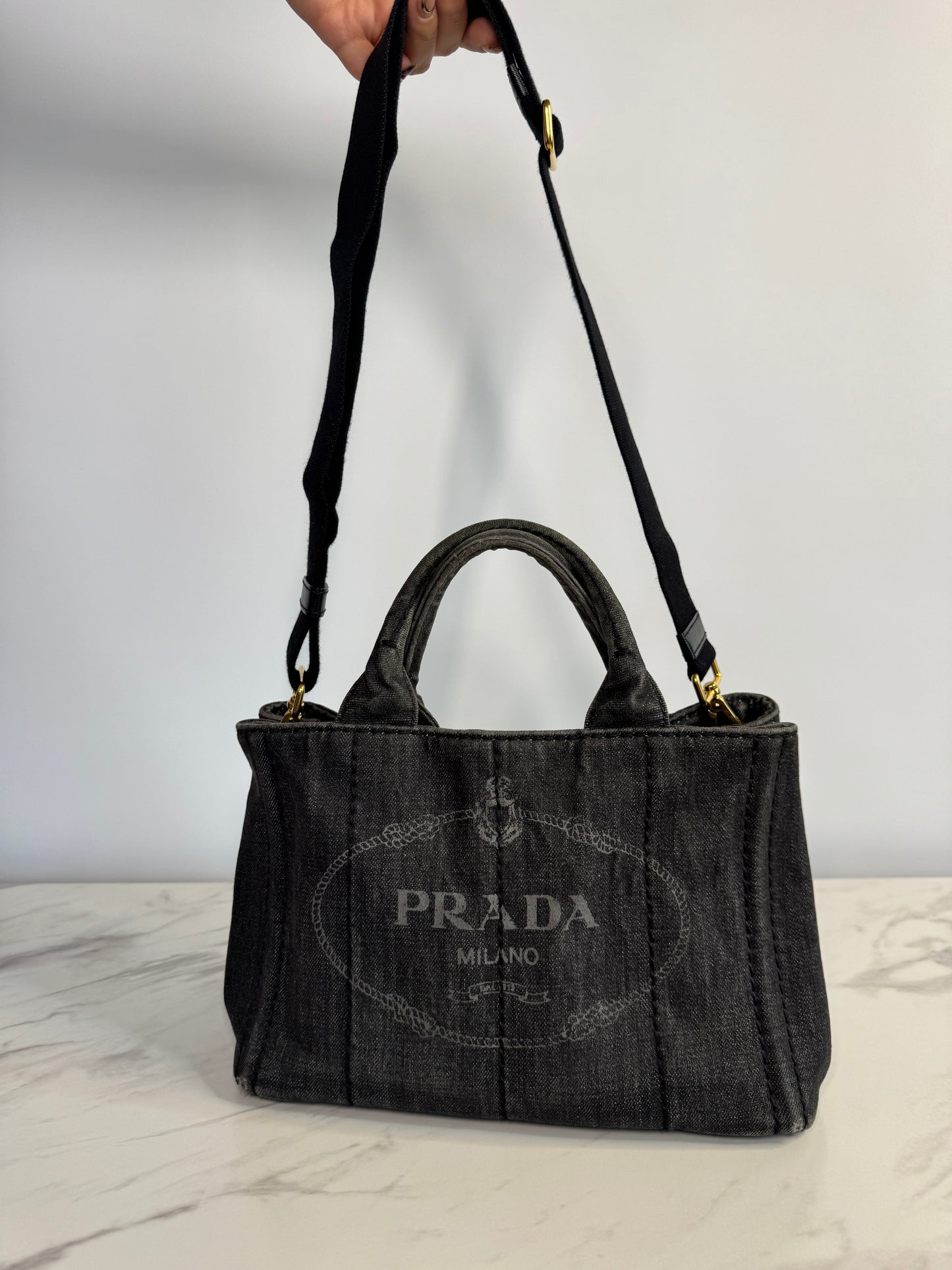 Prada Mineral Washed Denim Canapa Tote