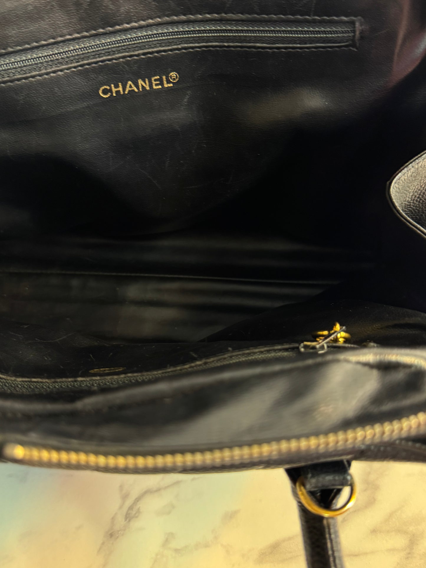 Rare Chanel Vintage 24K Gold Plated Hardware Chevron Two Way Caviar Leather Handbag/Crossbody