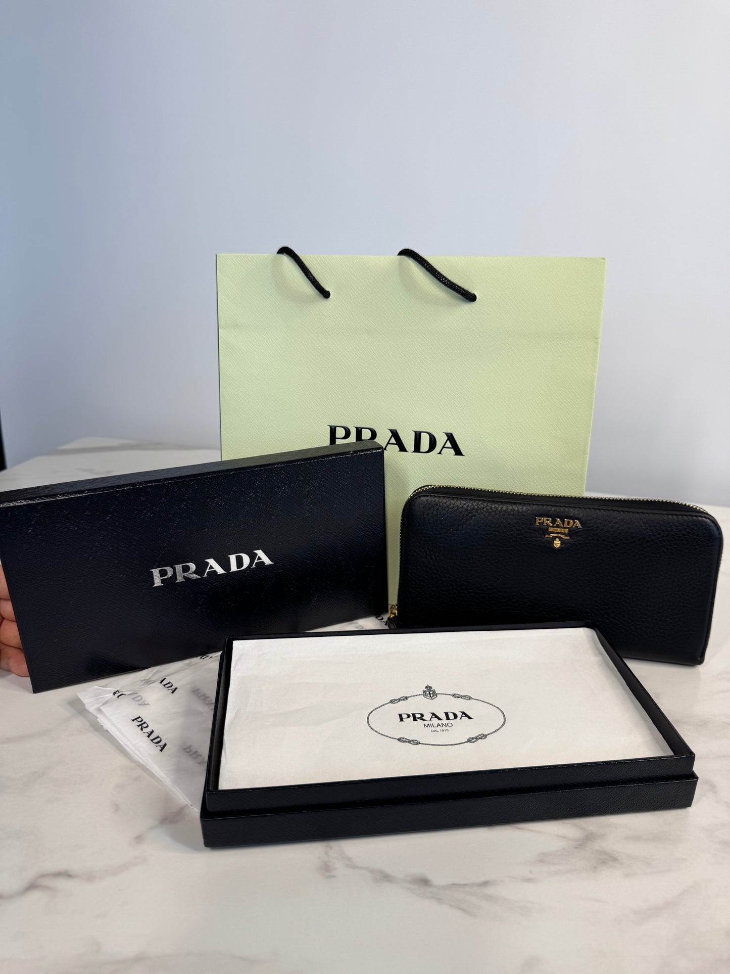 Prada Vitello Leather Nero Zip Around Wallet