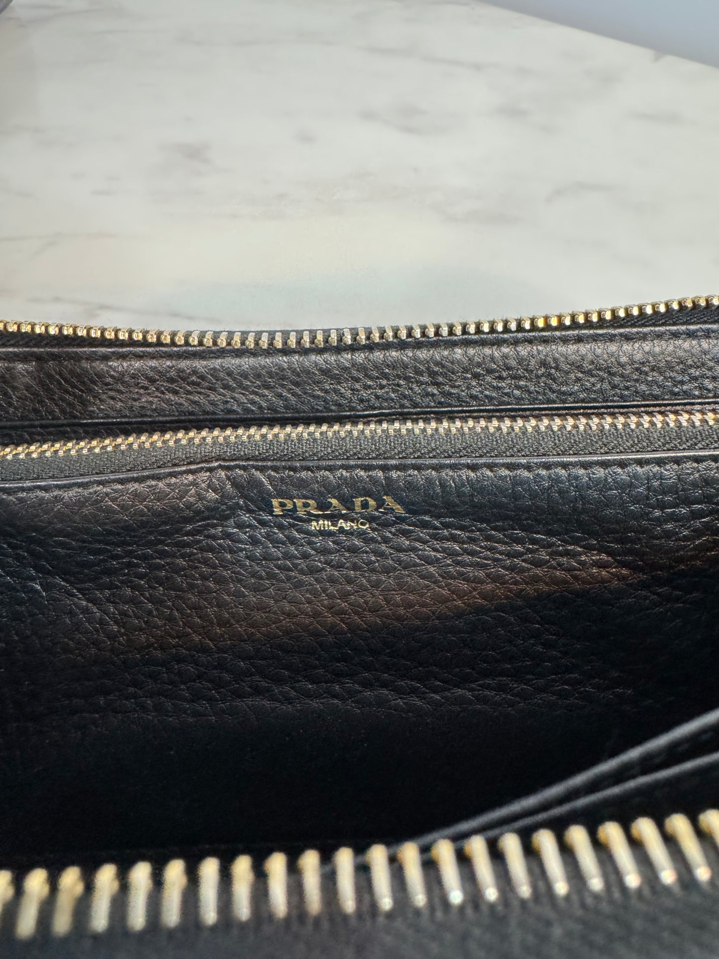 Prada Vitello Leather Nero Zip Around Wallet